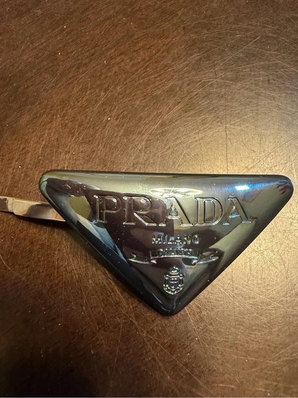 New Authentic Prada Triangle Logo Hair Clip Accessories 2 Pieces Metallic Blue